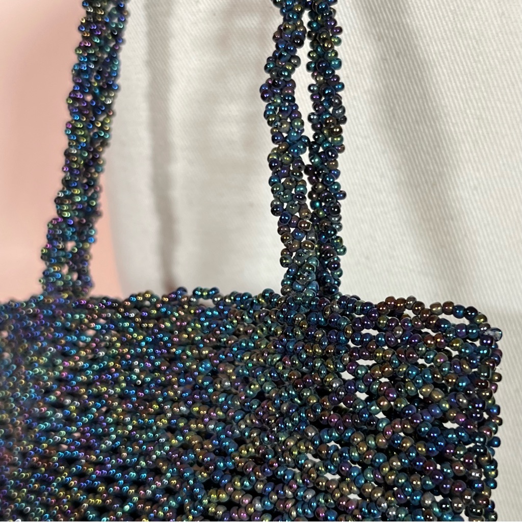 Art Deco Vintage Vanessa Glass Beaded Black Aurora Borealis Fringed Evening Bag — image 7 of 8